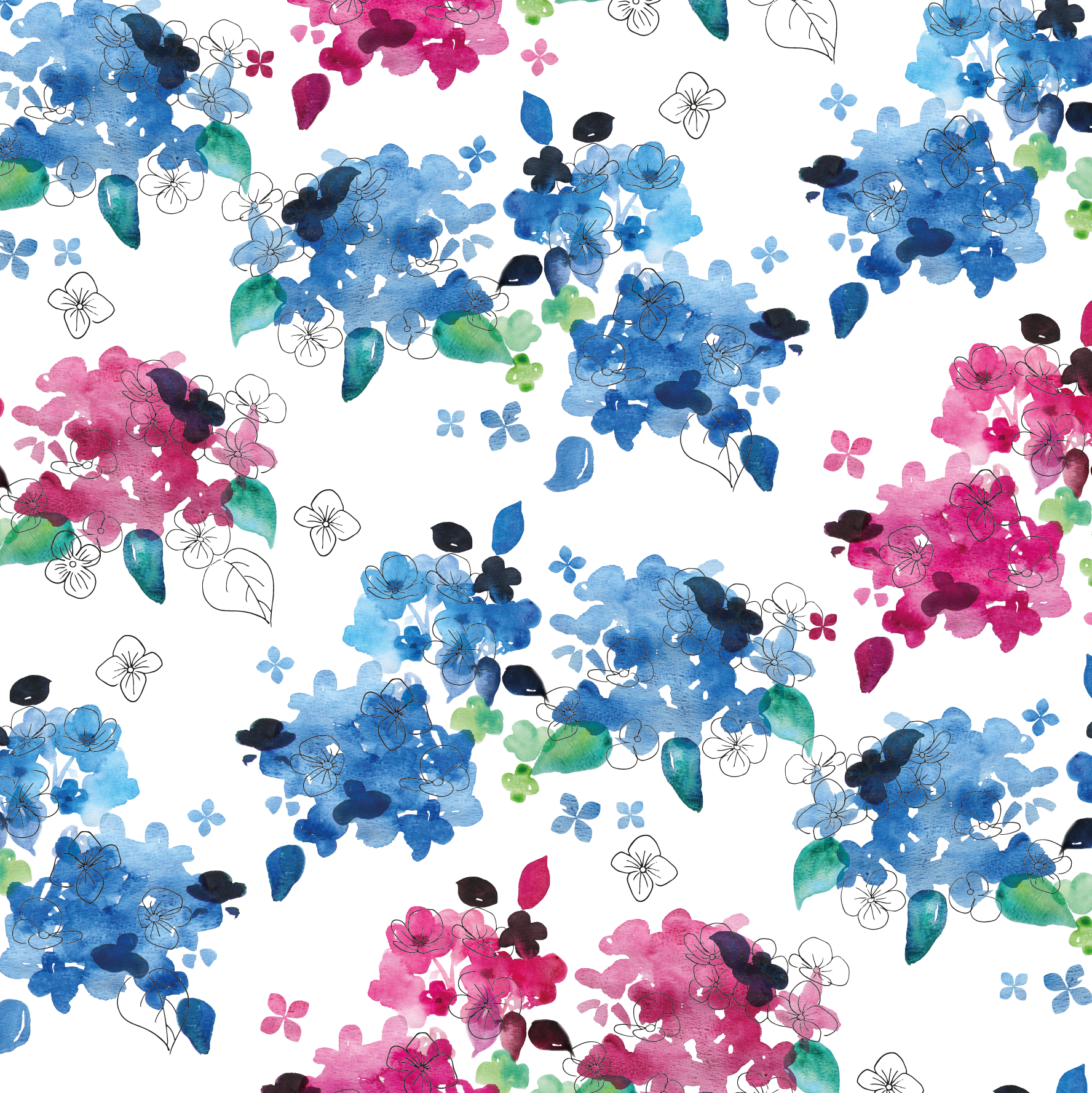 Patroon, dessin, design, huisstijl, bloemen, aquarel, mangoa, Boskoop, Magical, hydrangea